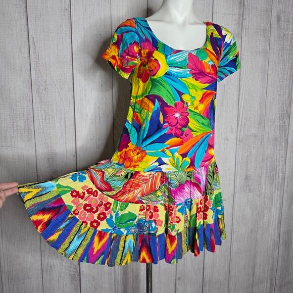 VTG 90s Jam's World Bold Tropical Flower Print Drop Waist Hattie Dress, sz M - Picture 1 of 6